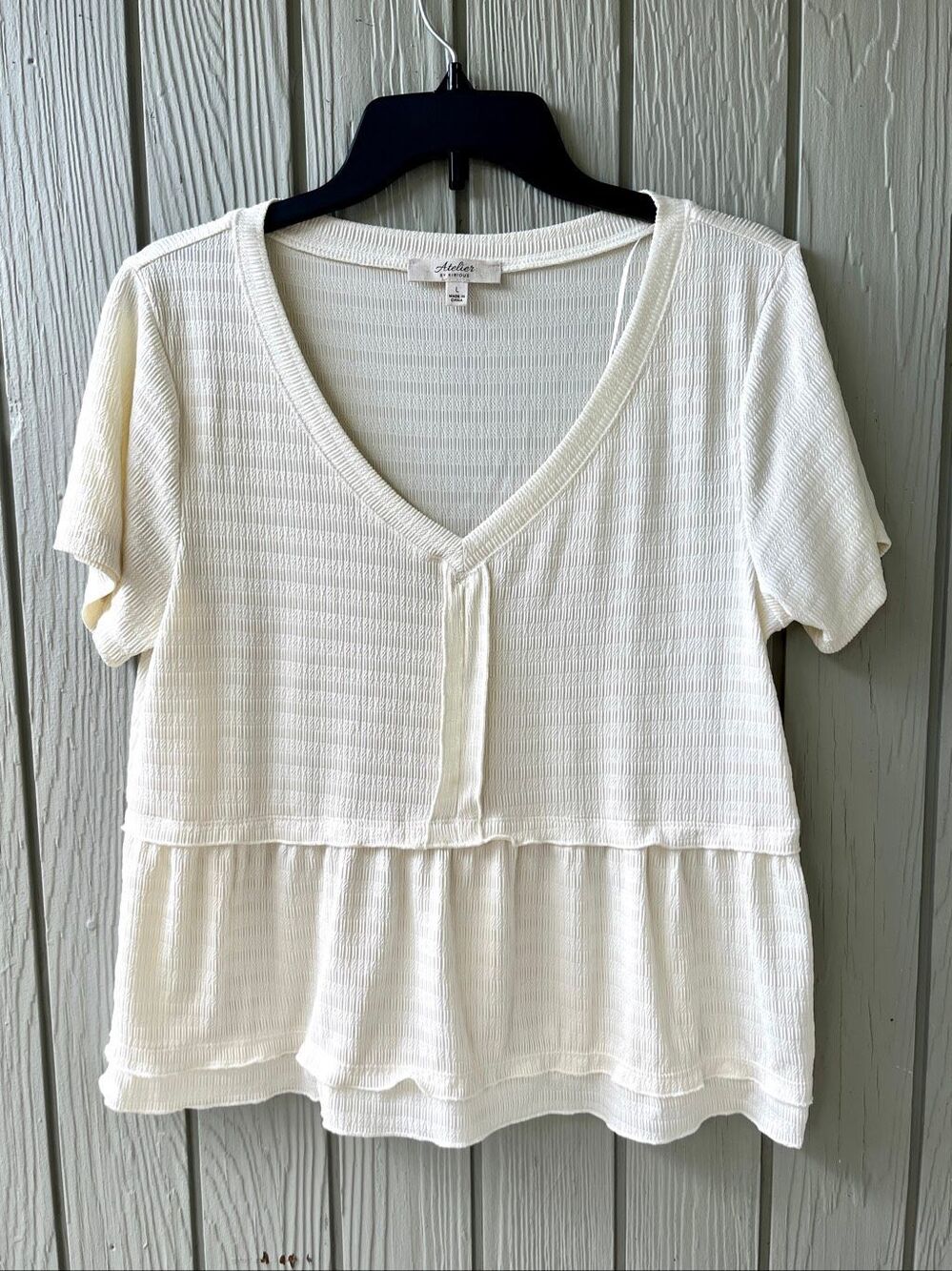 Atelier by Kirious Textured Peplum Top L V-Neck Cottagecore Boho Blouse